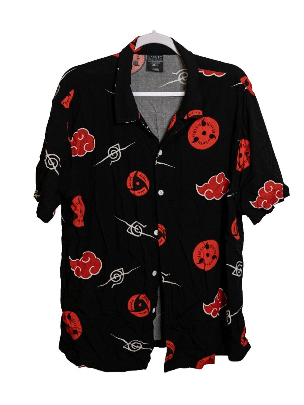 Naruto Lightweight Black & Red Young Men's Button Up Short Sleeve Shirt - Large